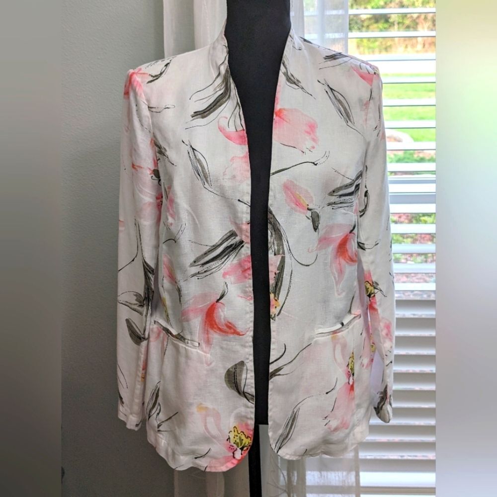 Peck & Peck Linen Blazer Watercolor Floral White Size Large